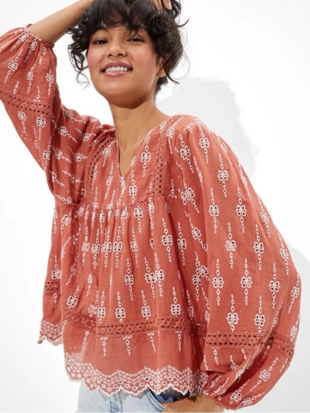 American EagleTerracotta Peasant Blouse with White Embroidery. Size Medium
